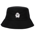 Cappello alla pescatora nero in cotone con ricamo minimalista a forma di fantasma bianco - Nero