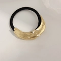 Black elastic hair tie with wavy gold metallic charm in a minimalist style - Fine Stripe Double Row Embossed Gold