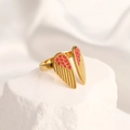 Adjustable gold ring featuring pink checkered enamel wings on a natural stone base - Adjustable Open / 18K Gold Plated Wings Red