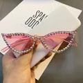 Pink cat-eye sunglasses with rhinestone frames and transparent candy-colored lenses - Pink Lens