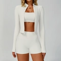 Three-piece ribbed yoga set in cream white including jacket, sports bra and shorts - S / 3-Piece Set (Bra+Shorts+Jacket) / Milky Apricot