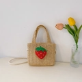 Handmade straw-style children crossbody bag in beige featuring a cute strawberry patch - Khaki Strawberry