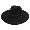 Detail of black wool fedora featuring white contrast stitching and a silver metal buckle - Black Heart (Black Wide Leather)