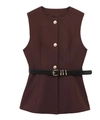 Detail van een bruin mouwloos vest met gouden knopen en een slanke zwarte lederen riem - XS / Koffie Top