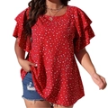 Red and white polka dot top with ruffle sleeves paired with denim shorts - 0XL / Red