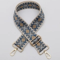 Ethnic blue and gold geometric diamond pattern wide woven bag strap with golden clasps - No. 452 / Silver Hook