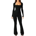 Slim fit black square neck long sleeve jumpsuit with flare pants for women - S / Black