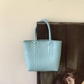 Light blue woven straw tote bag with textured PVC finish for summer vacations - Mini / Haze Blue