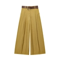 Damesbroek met wijde pijpen in mosterdgeel met hoge taille en bruine riem met gesp - XS / Alleen Broek (Khaki)