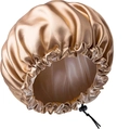 Golden satin bonnet with elastic band and adjustable drawstring for hair care protection - 32cm / Champagne