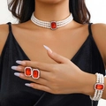 Detailed macro view of white pearl necklace set with red rectangle gemstone pendant - 9# Set—Red 3-Piece