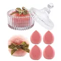 Pink plush powder puff with gold glitter bow and matching makeup sponge set - 1 Glitter + 4 Pink Flocking Sponges (In Glass Jar)