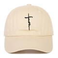 Beige cotton baseball cap with black Faith cross embroidery and curved brim in 45-degree view - Adjustable / Beige