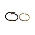 Edelstahl Armreif mit römischen Ziffern und schwarzes Lederarmband im Nageldesign - Offene Metallgeflecht-Manschette + Lederarmband mit Nagelschnalle / Gold