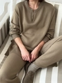Set a maglia due pezzi da donna color kaki con cardigan e pantaloni larghi - S / Cachi
