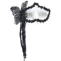 Handheld Halloween masquerade mask with iridescent sequins and black lace butterfly detail - Side Butterfly Tassel Handheld Style / White