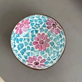 Handcrafted coconut shell bowl featuring blue and purple floral mosaic inlay design - 4 Red Flowers
