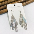 Detail of silver feather tassel earrings with tiered metal pendants on display card - Silver Leaves