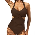 Detail of dark brown halter swimsuit featuring wrap design and side cut-outs - Dark Coffee