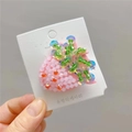 Detailed view of handmade beaded strawberry hair clip with pink crystals and green sequins - Hair Clip / Pink Strawberry Hair Clip