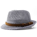 Heren zomer strooien jazz fedora met hol weefsel en bruine lederen riemtrim - M / Grijs