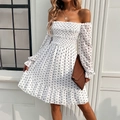 White off-shoulder polka dot dress with long sleeves and ruffled hem detail - S / White