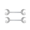 Pair of silver stainless steel nipple rings with moon design, rhinestones and pearls - White Pearl Moon Pair