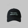 Black cotton baseball cap with embroidered English phrase and wide brim for adults - One Size(Adjustable) / Black