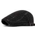 Washed denim newsboy hat in dark grey with checkered woven texture and metal buckle - Adjustable / Black