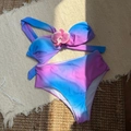 Detail of high waisted bikini with pink floral brooch and blue purple gradient print - S / Blue