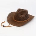Handmade wide brim dark brown straw fedora with woven rope and wooden bead detail - Handmade Crochet Cowboy Hat - Dark Coffee