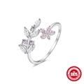 925 sterling silver open ring with marquise zircon leaves and pink flower accents - Adjustable Open / White Gold