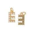 Golden letter E pendant set with pearl inlay and polished metal finish on white base - Letter E