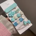 Five-piece light blue hair clip set with floral patterns and pearlescent beads - Blue LOVE Heart 5-piece Set