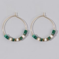 Bohemian gold hoop earrings with green and cream beaded accents in a minimalist style - Dark Green Beaded Gold Hoop