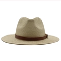 Detail of light beige Panama straw hat showing fine spiral weave and brown leather strap - M(56-58cm) / Beige