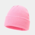 Detailed view of the bright pink ribbed knit beanie showing thick texture and stitching - One Size / Medium Pink