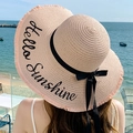 Pink wide brim straw sun hat with black ribbon bow and Hello Sunshine embroidery - Large Brim Embroidery Pink