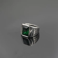 Vintage titanium steel ring with rectangle green gemstone on black reflective surface - US 7 / Silver Band Green Gemstone