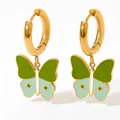 Detail of gold hoop earrings featuring vibrant green butterfly charms with star accents - Green Enamel Butterfly Pendant Earrings (KDE698)