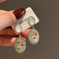 Vintage 18K gold-plated double oval drop earrings with light blue dried flowers - Ice Amber Daisy Dried Flower