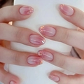 Rosa Ombré-Kunstnägel in Ovalform mit glitzernden Goldfolien-Details für Frauen - JP3284 (Kleber-Stil)