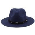 Navy blue straw fedora with brown studded leather band and vintage bull skull detail - M (56-58cm) / Navy Blue