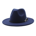 Detail of navy blue wool fedora hat with black leather strap and gold metal buckle - Navy Blue
