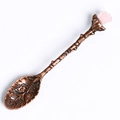 Vintage bronze coffee spoon with flower pattern and raw pink crystal stone handle - Raw Stone Style / Rose Quartz