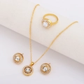 Elegant gold necklace, stud earrings and ring set featuring round halo crystal accents - Gold Three-Piece Set (MS8157)
