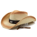 Detailed macro view of woven straw texture and vintage silver metal buckle on cowboy hat - M (56-58cm) / Beige Rust Red