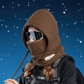 Deep brown knitted balaclava with Sport label for winter outdoor warmth and wind protection - Coffee