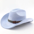 Detail of light blue wide brim felt cowboy hat with grey decorative band and leather buckle - Light Sky Blue