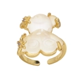 Golden adjustable open ring featuring a translucent creamy white bear with rhinestones - White